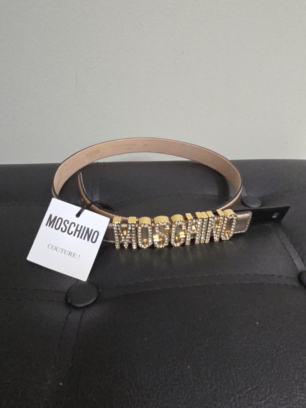 Moschino Tan Leather Belt with Gold Crystal Logo